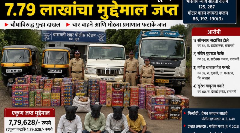 बारामतीत परवान्याशिवाय फटाक्यांची वाहतूक; 7.79 लाखांचा मुद्देमाल जप्त