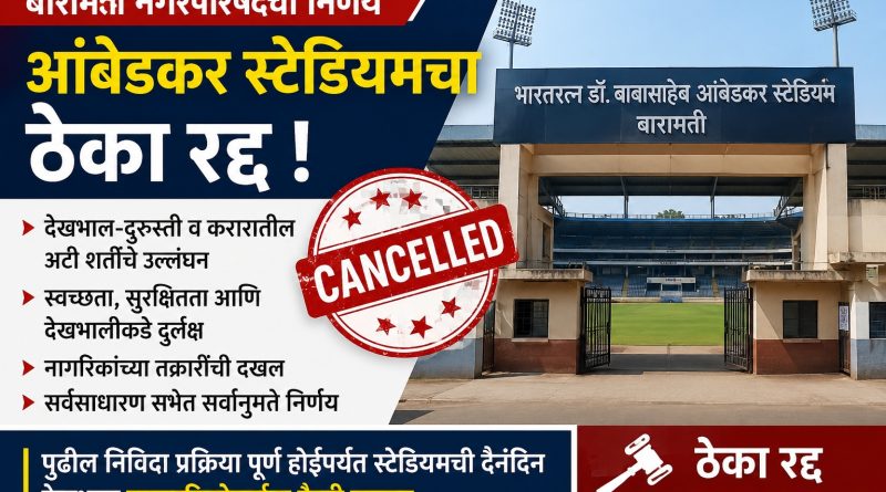 भारतरत्न डॉ. बाबासाहेब आंबेडकर स्टेडियमच्या देखभाल-दुरुस्तीचा ठेका रद्द; बारामती नगरपरिषदेच्या सभेत सर्वानुमते निर्णय