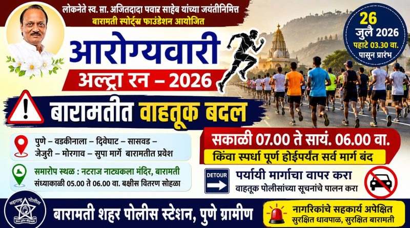 आरोग्यवारी अल्ट्रा रन 2026 : उद्या बारामतीत वाहतुकीत मोठे बदल; नागरिकांना पर्यायी मार्गांचा वापर करण्याचे आवाहन