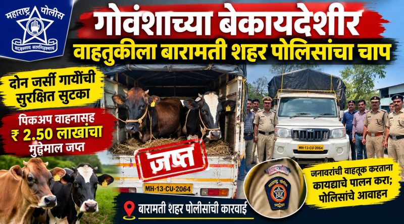 गोवंशाच्या बेकायदेशीर वाहतुकीवर बारामती शहर पोलिसांची कारवाई; दोन गायींची सुटका