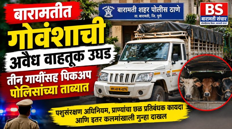 बारामतीत गोवंशाची अवैध वाहतूक उघड; तीन गायींसह पिकअप पोलिसांच्या ताब्यात बारामतीत गोवंशाची अवैध वाहतूक उघड; तीन गायींसह पिकअप पोलिसांच्या ताब्यात